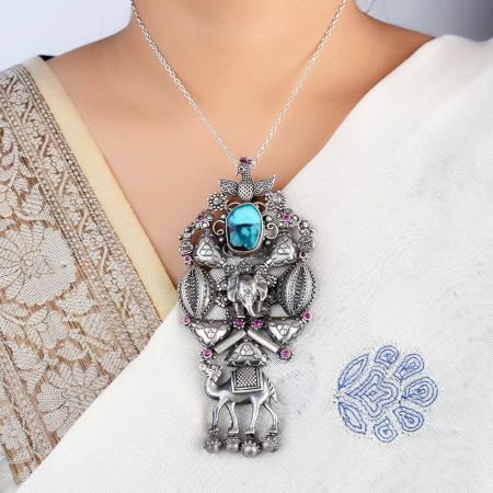 92.2 Sterling Silver Pendants Classic Necklace with Goddess And Animal Motif Turquoise Stone