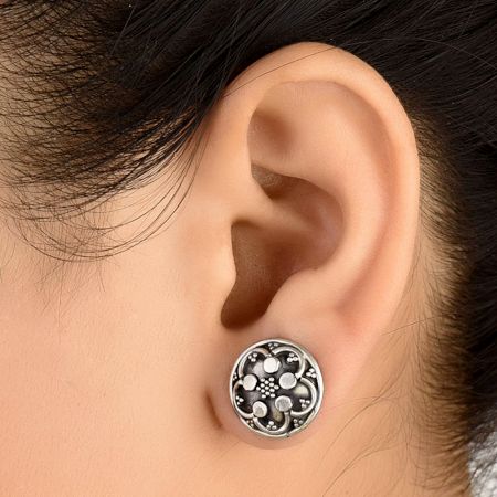 92.5 Sterling Silver earrings Small Floral Design Embossed Oxidized Stud Earrings