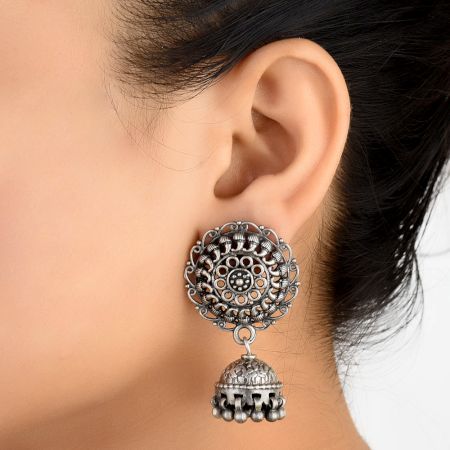 Oxidized 92.5 Sterling Silver Earrings Afghani Boho Tribal Large Chandbali Traditional Jhumkis