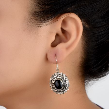 92.5 Sterling Silver Drop Dangle Earrings With Black Stone