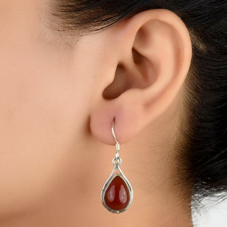 92.5 Sterling Silver Earrings Red Jasper Raindrop Studded Earrings