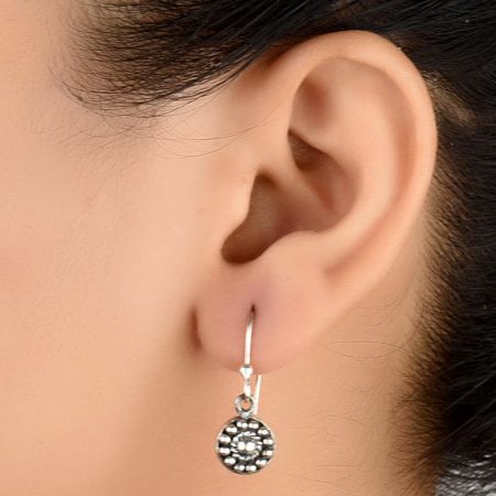 92.5 Sterling Silver Earrings with Engraved Circle Pendent Drop Earrings