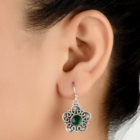 92.5 Sterling Silver Earrings Round Malachite Decorative Dangle Earrings