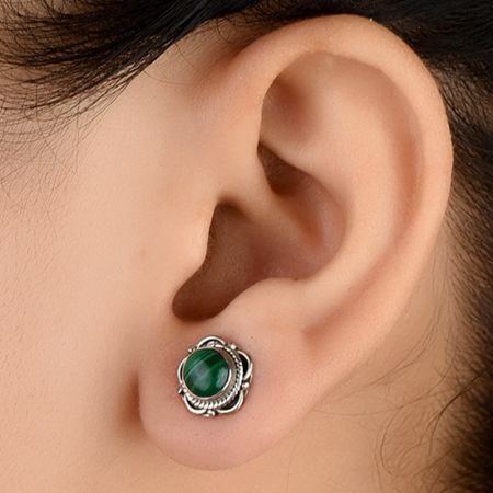 Sterling Silver Earrings Green Malachite Engraved Studs
