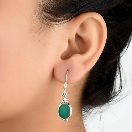 92.5 Sterling Silver Earring Single Oval Shaped Green Agate Hook Earrings