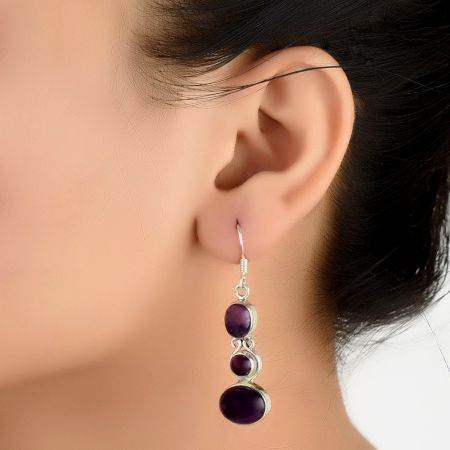 92.5Sterling Silver Dangle Earrings Three Stone Faceted Amethyst Earrings