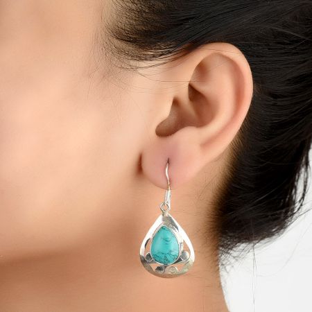 92.5 Sterling Silver Earrings Turquoise Oval Framed Hook Earrings