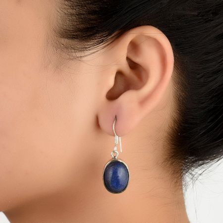 92.5 Sterling Silver Earrings Designer Oval Lapis Lazuli Hook Earrings