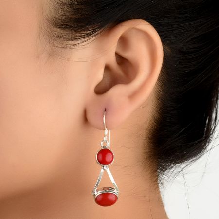92.5 Sterling Silver Earrings  Round Red Agate Dangle Earrings