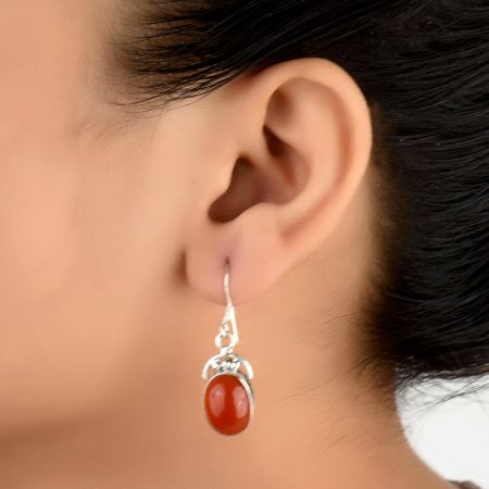 92.5 Sterling Silver Earrings Red Carnelian Crown Design Drop Earring