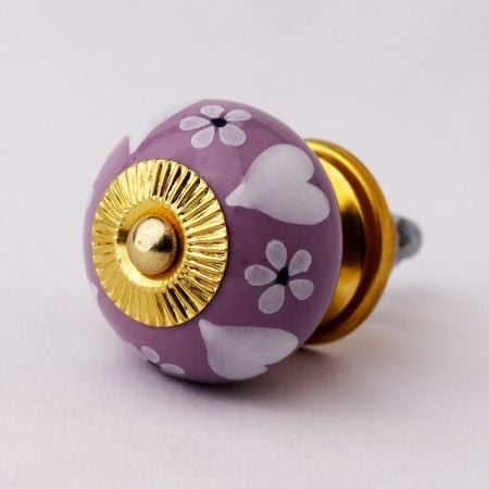 Purple Ceramic  Heart and Floral Cabinet Drawer Knobs