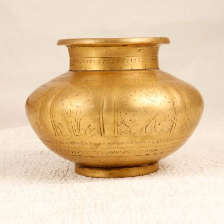 Elegant Brown Engraved Brass Water Pot for Hindu Rituals