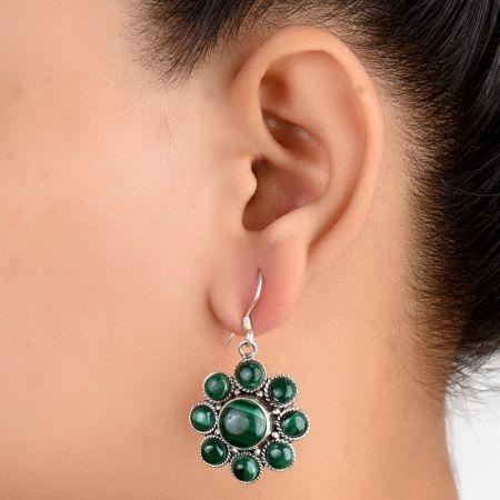 92.5 Sterling Silver Green Malachite Flower Design Earrings For women