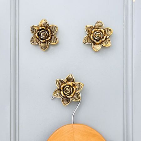 Modern Golden Rose Flower Aluminium Wall Hooks-3 Pieces