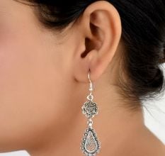 92.5 Floral Stud Oval Drop Engraved Filigree Dangler Earrings