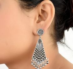 92.5 Sterling Silver Earrings Triangle Embossed with Silver Beads Hangings