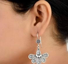 Six Petal Floral 92.5 Sterling Silver Earrings Engraved Design Earring For Women
