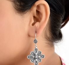 Eight Petals 92.5 Sterling silver Earrings Floral Embossed Danglers For Women