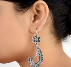 Oxidized 92.5 Sterling Silver Earrings Tribal Cut Engraved bands Dangler For Women