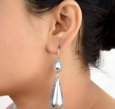 Long Tear Drop 92.5 Sterling Silver Earrings  With Tribal Engraved Pearl Shape Stud