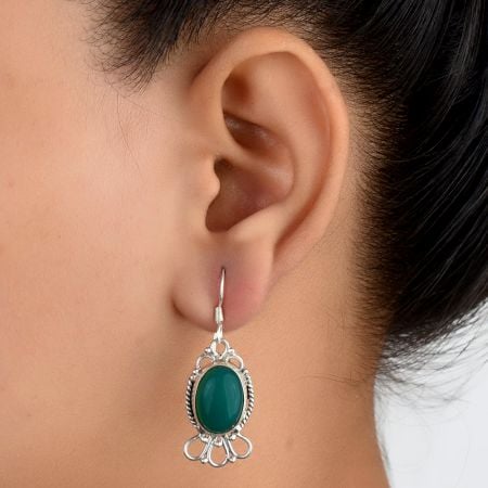92.5 Sterling Silver Earrings Green Onyx Floral Rope Hook Earrings