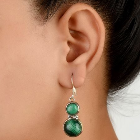 92.5 Sterling silver Earring Twin Round Green Malachite Hook Everday Earrring