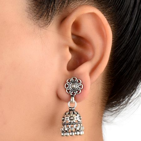 92.5 Sterling Silver Earrings Intricate Floral Stud  Traditional Jhumkies