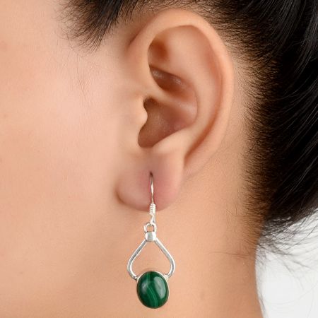 92.5 Sterling Silver Earrings Single Green Malachite Everyday Wear Earrings