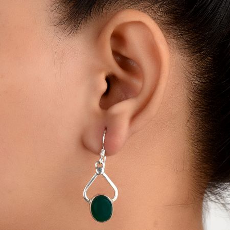 92.5 Sterling Silver Earrings Single Green Agate Earrings For Girls