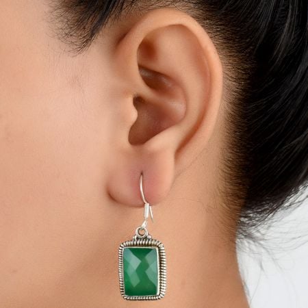 92.5 Sterling Silver Green Agate Earrings Rectangular Border Girlfriend Gift