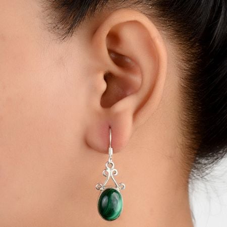 92.5 Sterling Silver Earings Oval  Malachite  Fancy Earrings