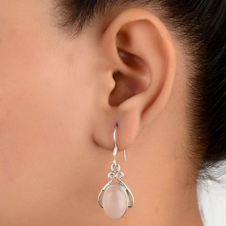 92.5 Sterling Silver Earrings  Rosy Quartz Hook Earrings