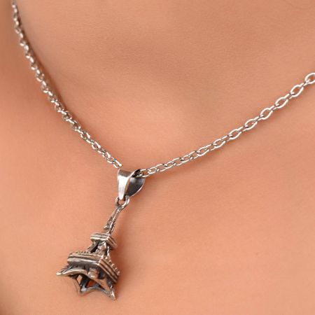 92.5 Sterling Silver Paris Eiffel Tower Pendant Necklace