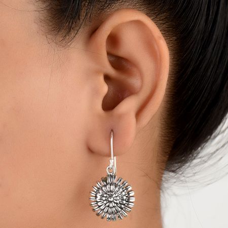 92.5 Sterling Silver Round Filigree Big Floral  Drop Earrings