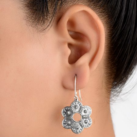 92.5 Sterling Silver Elegant Flower Design Ear Hook Dangle Earrings