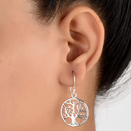 92.5 Sterling Silver Earrings Round Tree Of Life Drop Earrings