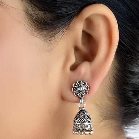 92.5  Sterling Silver Earrings Floral Jali Design Jhumkis
