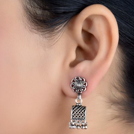 92.5 Sterling Silver Earrings Semi Circle Black Embossed Dotted Jhumki