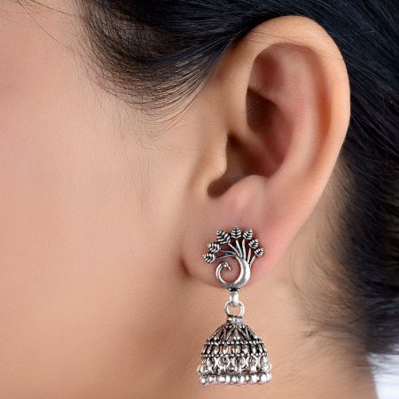 92.5 Sterling Silver Earrings Dancing Peacock Feathers Stud Jhumkis Party Wear