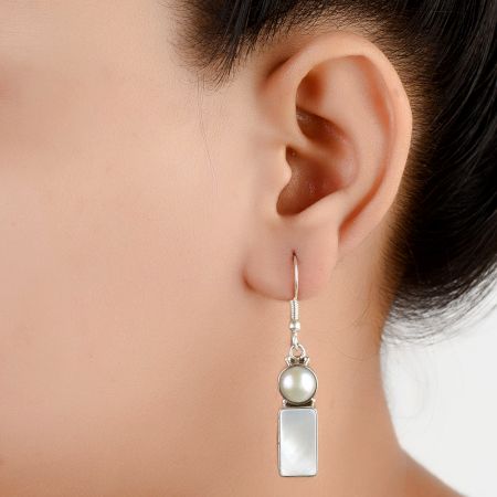 92.5 sterling Silver Earrings Round Rectangle Moonstone Drop Dangle Earring