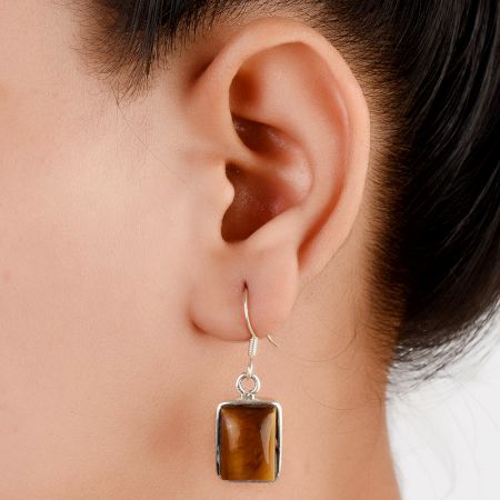 92.5 Sterling Silver Earrings Square Tiger Eye Hanging Hook Earrings