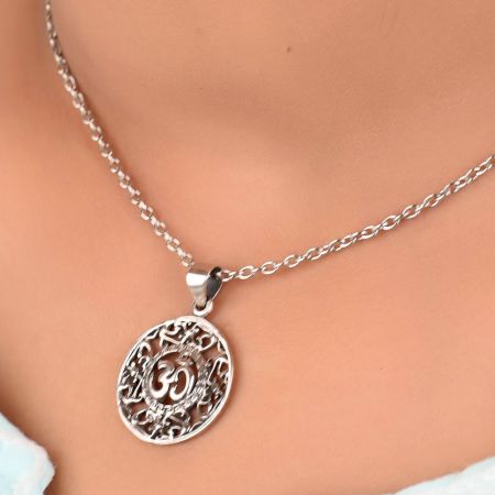 92.5 Sterling Silver Om Design  Floral Jali work Filigree Pendant