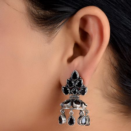 92.5rling silver Earrings Black Onyx Studded Jhumka Style Earrings