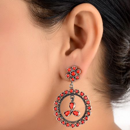 92.5 Sterling Silver Earrings Heavy Round Coral Stone Dangle Earring