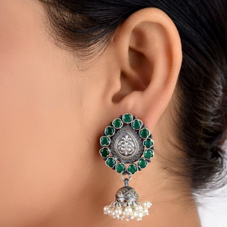 Traditional 92.5 Sterling Silver Earrings Fancy Designer Green Onyx Stone Oxidized Jhumki Earrings