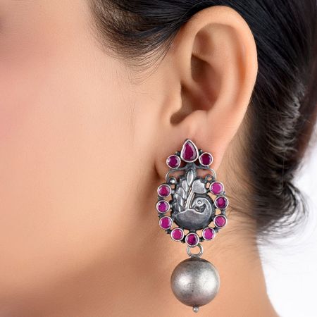92.5 Sterling Silver Peacock Engraved Pink Tourmaline studded Ball Drop Earrings