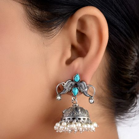92.5 Sterling Silver Earrings Twin Peacock Oxidized Turquoise Jhumki Earrings