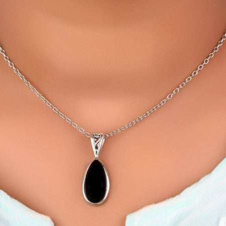92.5 Sterling Silver Black Onyx  Pendant In Long Oval Shape