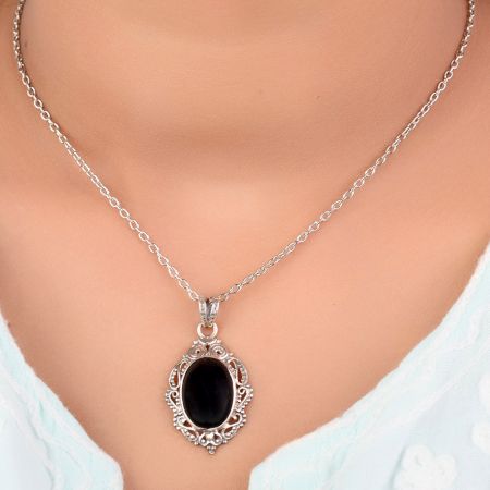 92.5 Sterling Silver Pendant Black Onyx with Engraved Border