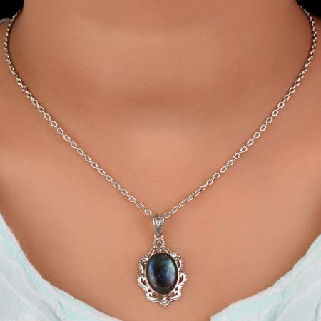 92.5 Sterling Silver Earrings Glowing  Oval Shaped Labradorite Engraved  Pendant